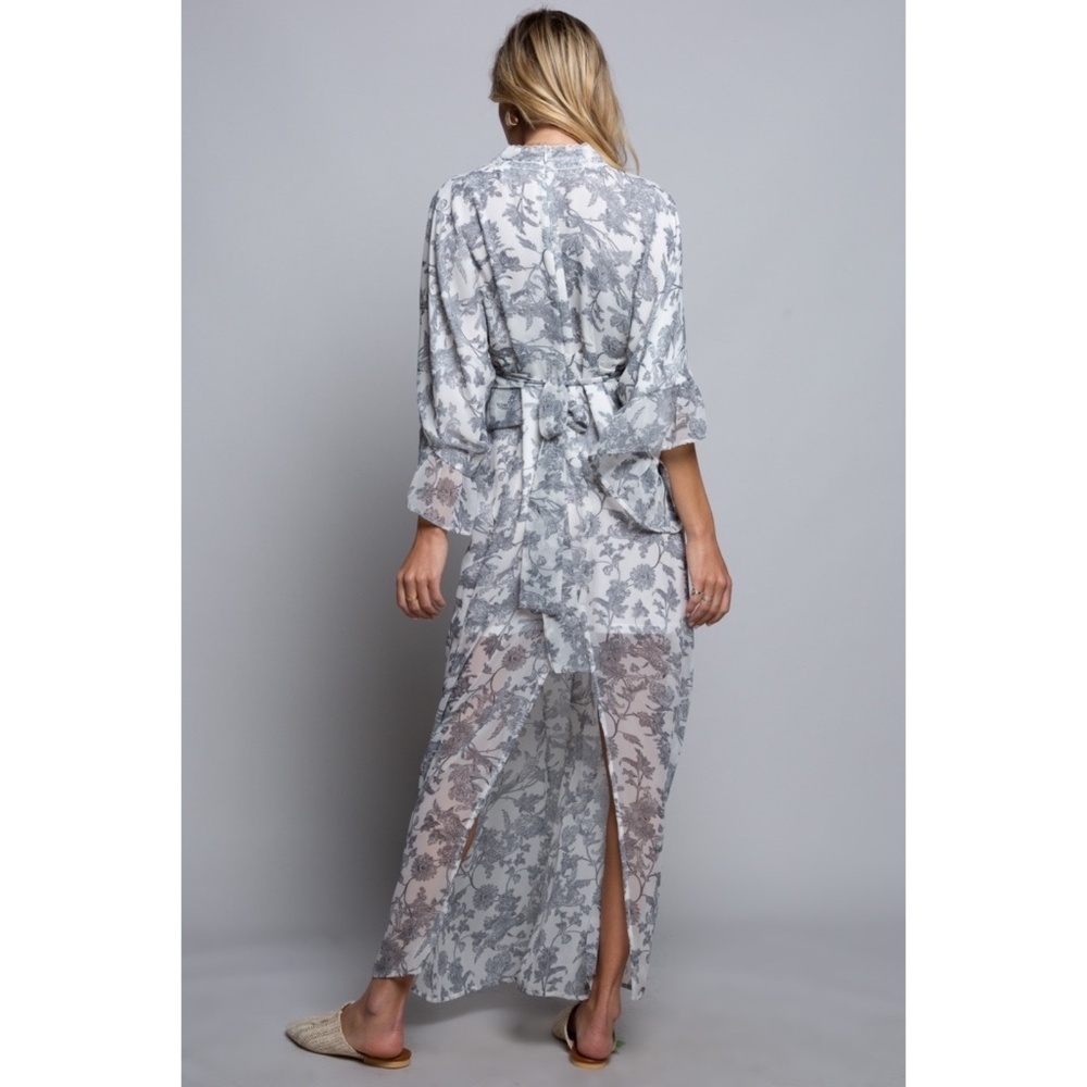 POL Gray Floral Print Plunge Neck Kimono Maxi Dress - Picture 6 of 7